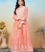 women's peach heavy rayon chikankari gown pant set | lucknowi embroidery | festive & casual ethnic wear