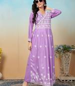 women's purple heavy rayon chikankari gown pant set | lucknowi embroidery | festive & casual ethnic wear