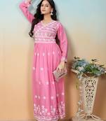 women's pink heavy rayon chikankari gown pant set | lucknowi embroidery | festive & casual ethnic wear