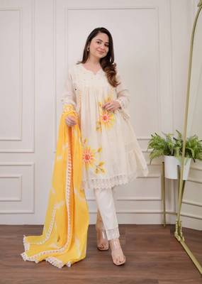 Jaipuri pure yellow cotton shiflly+lino fabric party wear dress with shiffon lahariya dupatta set 1