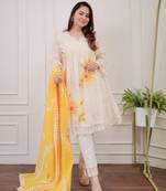 Jaipuri pure yellow cotton shiflly+lino fabric party wear dress with shiffon lahariya dupatta set