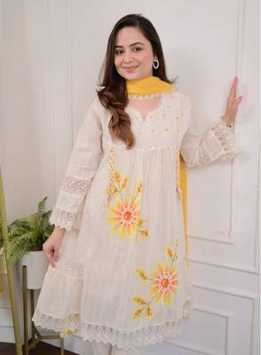 Jaipuri pure yellow cotton shiflly+lino fabric party wear dress with shiffon lahariya dupatta set 2