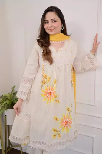 Jaipuri pure yellow cotton shiflly+lino fabric party wear dress with shiffon lahariya dupatta set