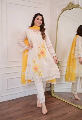 Jaipuri pure yellow cotton shiflly+lino fabric party wear dress with shiffon lahariya dupatta set 3
