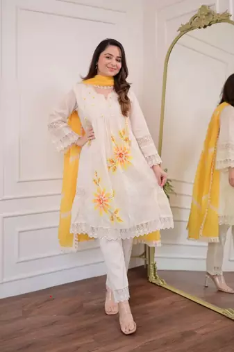 Jaipuri pure yellow cotton shiflly+lino fabric party wear dress with shiffon lahariya dupatta set