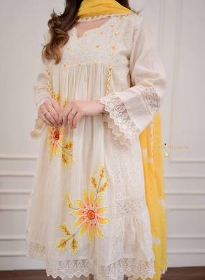 Jaipuri pure yellow cotton shiflly+lino fabric party wear dress with shiffon lahariya dupatta set 4