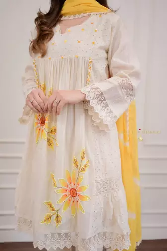 Jaipuri pure yellow cotton shiflly+lino fabric party wear dress with shiffon lahariya dupatta set
