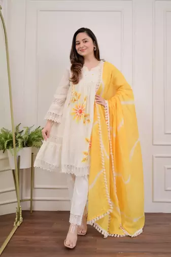 Jaipuri pure yellow cotton shiflly+lino fabric party wear dress with shiffon lahariya dupatta set