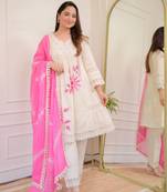 Jaipuri pure pink cotton shiflly+lino fabric party wear dress with shiffon lahariya dupatta set