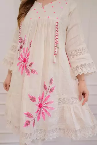 pink cotton embroidered kurti set with dupatta