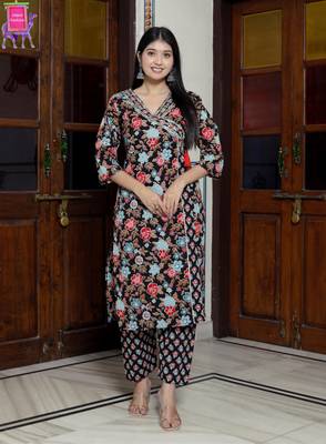 Jaipuri print v neck cotton angrakha pattern black kurta set 5