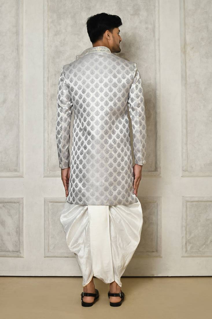 Grey Tuxedo Satin Woven Swirl Pattern Asymmetric Sherwani With PATIYALA & Dhoti Pant
