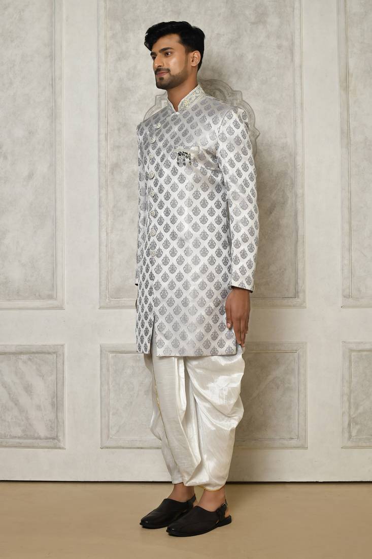 Grey Tuxedo Satin Woven Swirl Pattern Asymmetric Sherwani With PATIYALA & Dhoti Pant