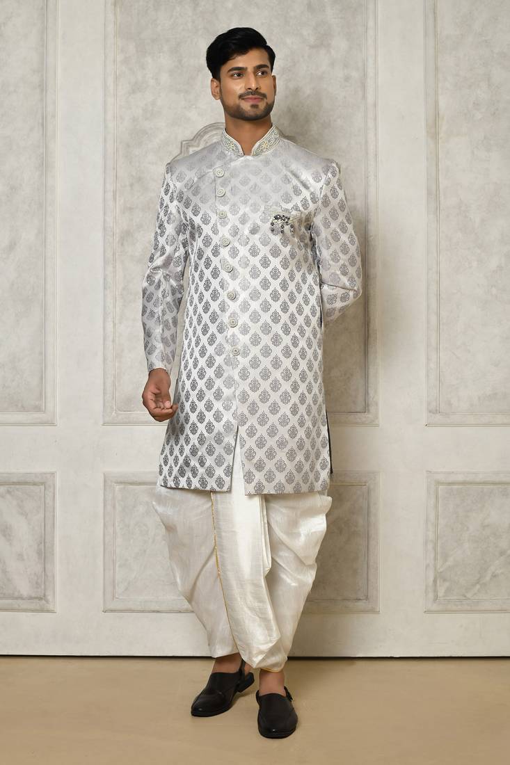 Grey Tuxedo Satin Woven Swirl Pattern Asymmetric Sherwani With PATIYALA & Dhoti Pant