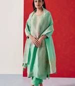 Aqua green dola jacquard straight fit suit set (with pants and dupatta)