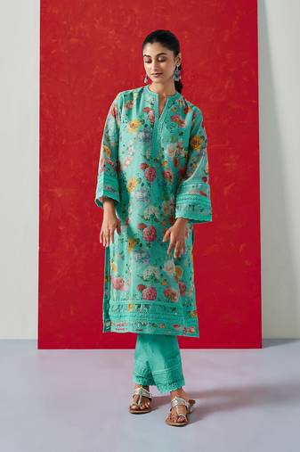 Aqua floral printed chanderi suit set (with pants & dupatta)