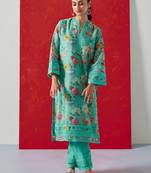 Aqua floral printed chanderi suit set (with pants & dupatta)