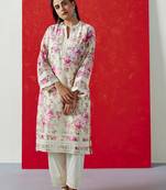 Cream floral printed chanderi suit set (with pants & dupatta)