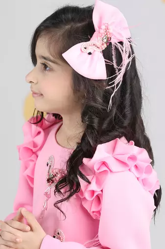 Pink dress with tulles n embroidered flamingoes n feathers
