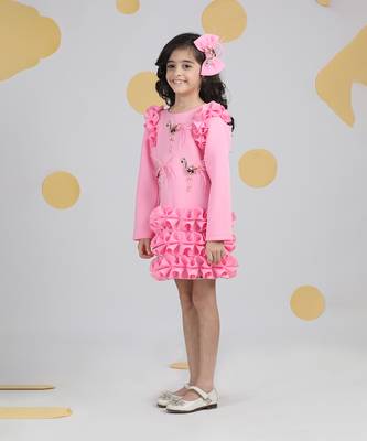Pink dress with tulles n embroidered flamingoes n feathers 3