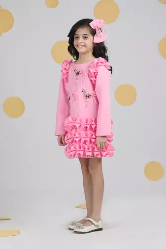 Pink dress with tulles n embroidered flamingoes n feathers