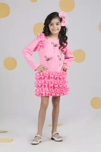 Pink dress with tulles n embroidered flamingoes n feathers