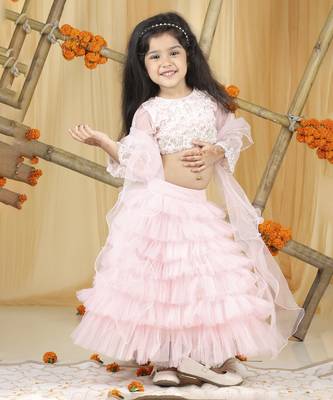 Baby pink pearl hand embroidery on blouse with net tulles lehanga set 1