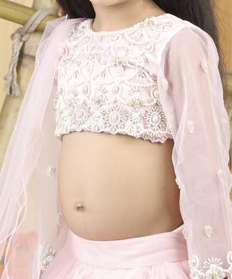 Baby pink pearl hand embroidery on blouse with net tulles lehanga set 2