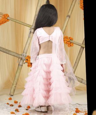 Baby pink pearl hand embroidery on blouse with net tulles lehanga set 3