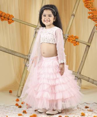 Baby pink pearl hand embroidery on blouse with net tulles lehanga set 4