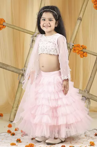 Baby pink pearl hand embroidery on blouse with net tulles lehanga set