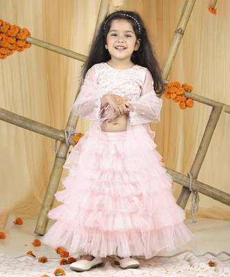 Baby pink pearl hand embroidery on blouse with net tulles lehanga set 5