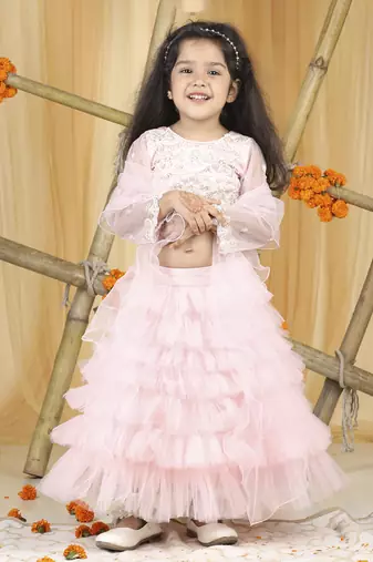 Baby pink pearl hand embroidery on blouse with net tulles lehanga set