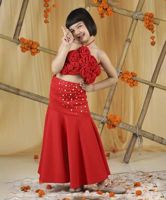 Red 3d flowers on the blouse with pearl scattering on skirt set 2