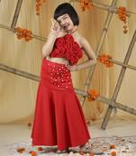 Red 3d flowers on the blouse with pearl scattering on skirt set