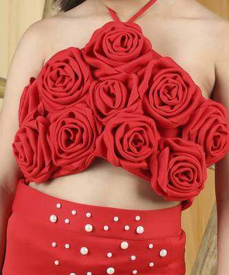 Red 3d flowers on the blouse with pearl scattering on skirt set 3