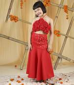 Red 3d flowers on the blouse with pearl scattering on skirt set