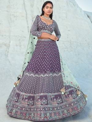Wine Georgette Embroidered Lehenga Choli Set 1