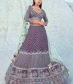 Wine Georgette Embroidered Lehenga Choli Set