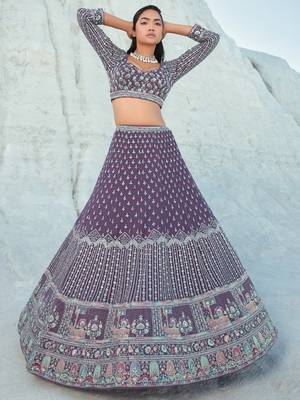 Wine Georgette Embroidered Lehenga Choli Set 2