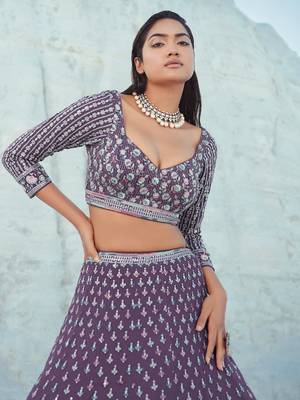 Wine Georgette Embroidered Lehenga Choli Set 3