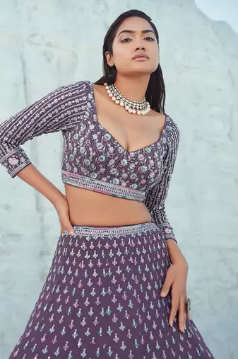 Wine Georgette Embroidered Lehenga Choli Set