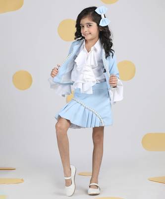 Ice blue coord set with pleated skirt n pearl embroidery and detailing on cuff 5