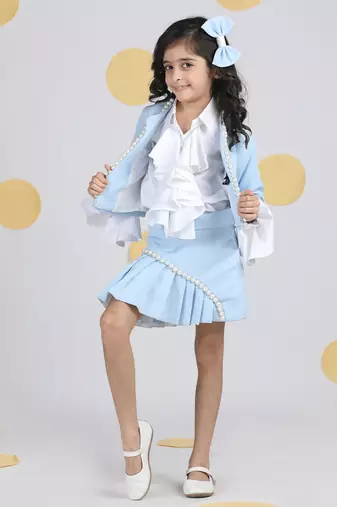 Ice blue coord set with pleated skirt n pearl embroidery and detailing on cuff