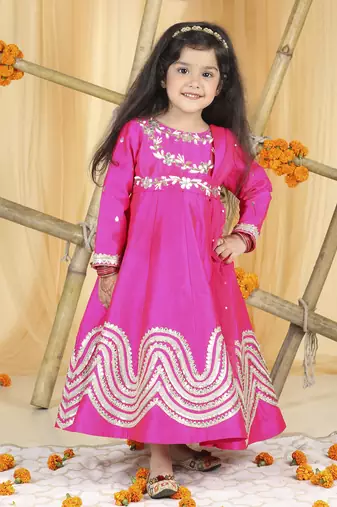 Hot pink anarkali set with hand emnroidery