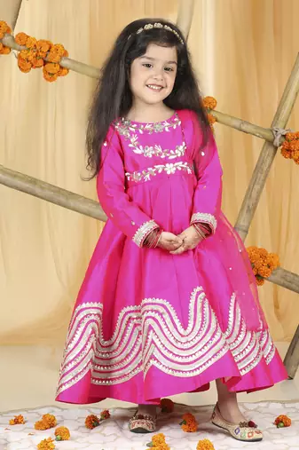 Hot pink anarkali set with hand emnroidery