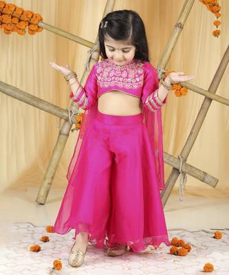 Hot pink thread embroidery blouse with plazzo set 4