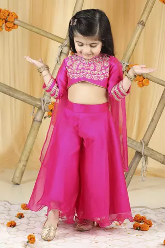 Hot pink thread embroidery blouse with plazzo set
