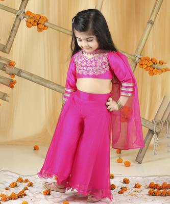 Hot pink thread embroidery blouse with plazzo set 5