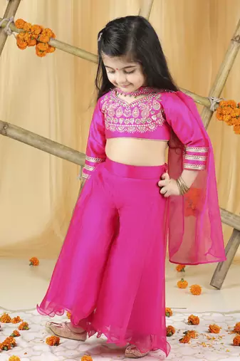 Hot pink thread embroidery blouse with plazzo set